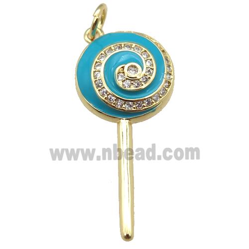 copper Lollipop pendant paved zircon with teal enamel, gold plated