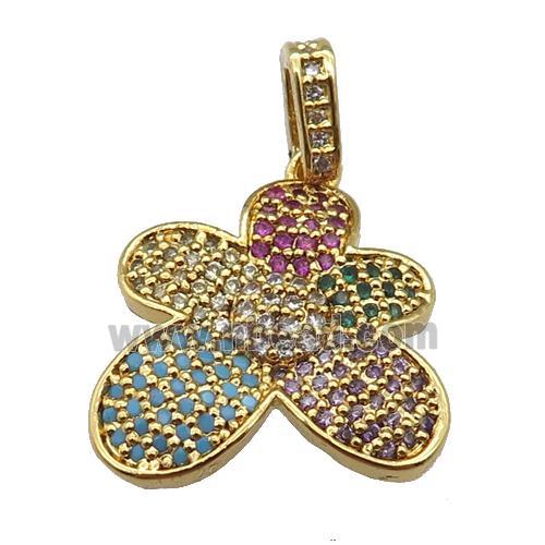 copper Flower pendant paved zircon, gold plated