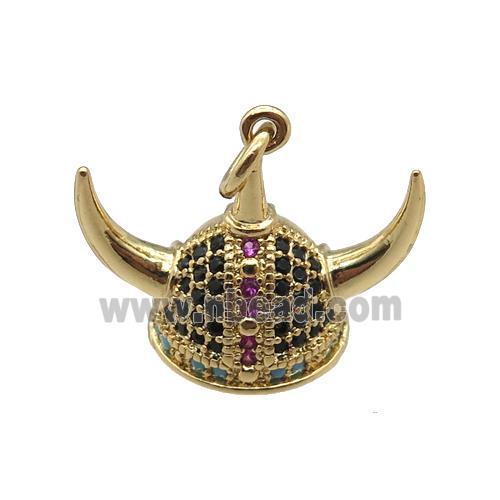 copper Viking Helmet pendant paved zircon, Hat Gothic Norse, gold plated