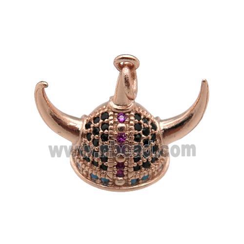 copper Viking Helmet pendant paved zircon, Hat Gothic Norse, rose gold
