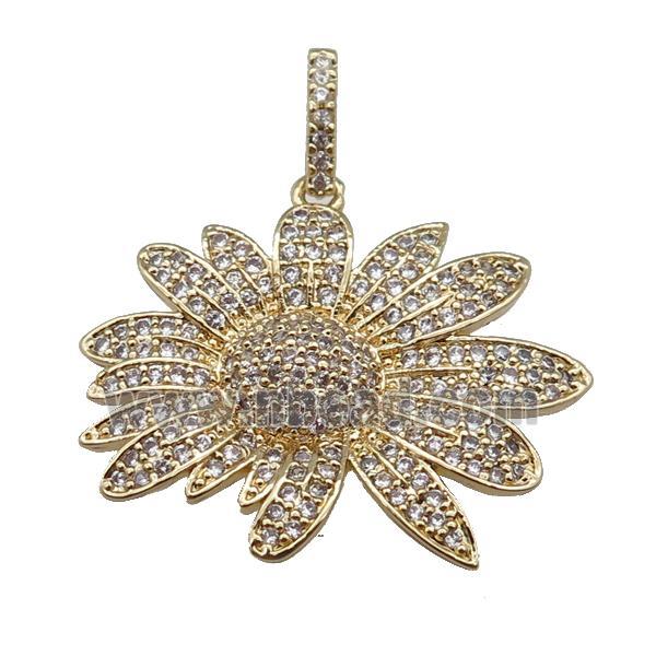 copper Daisy Flower pendant paved zircon, gold plated