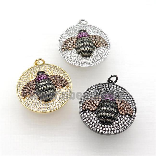 copper Honeybee charm pendant paved zircon, circle, mixed
