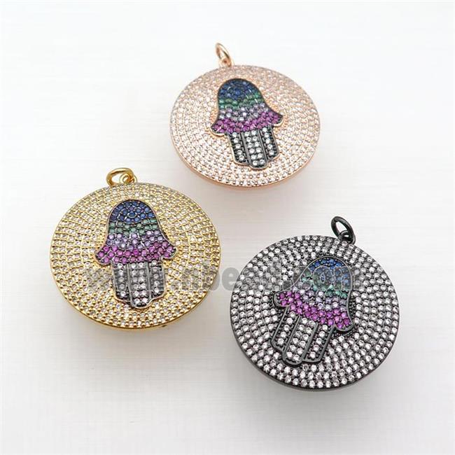 copper Hamsahand pendant paved zircon, circle, mixed
