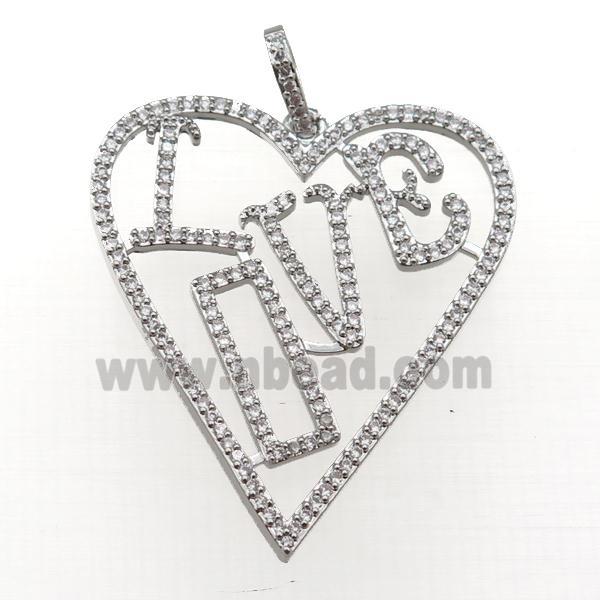 copper Heart pendant paved zircon, LOVE, platinum plated