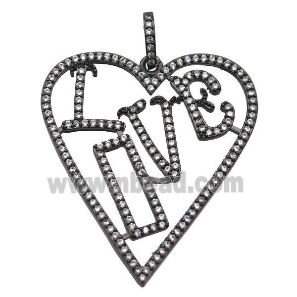 copper Heart pendant paved zircon, LOVE, black plated