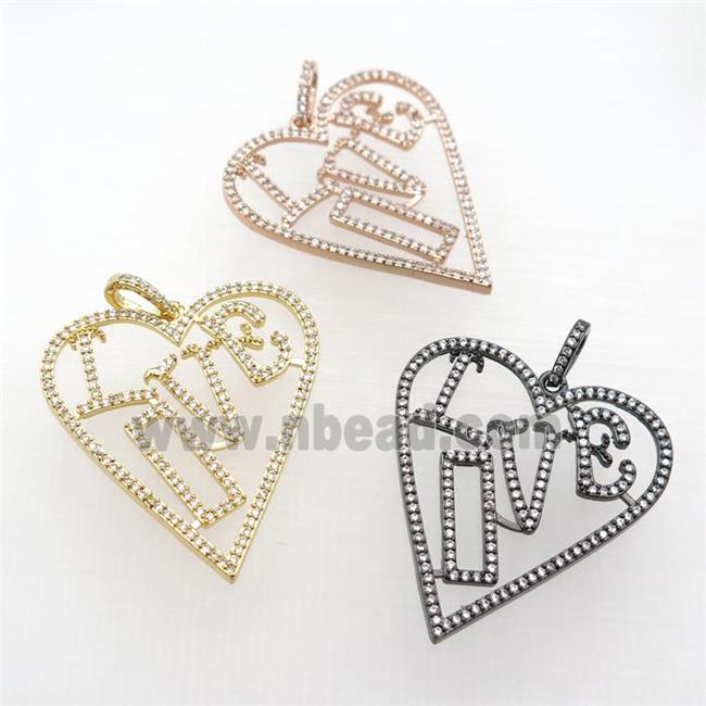 copper Heart pendant paved zircon, LOVE, mixed