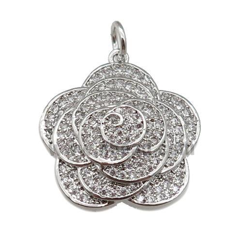 copper Flower pendant paved zircon, platinum plated