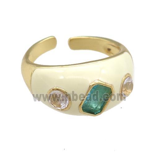 copper Rings paved zircon with white enamel, gold plated