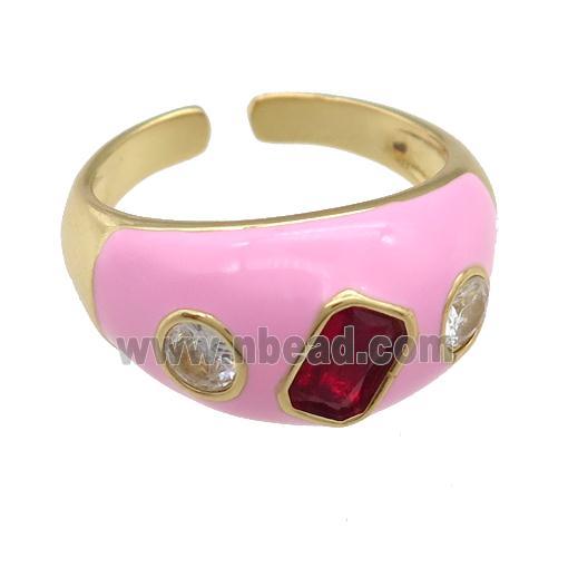 copper Rings paved zircon with pink enamel, gold plated