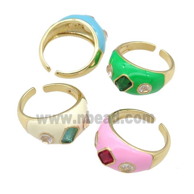 copper Rings paved zircon with enamel, gold plated, mixed