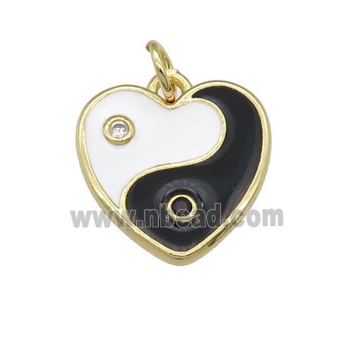 copper Taichi Heart pendant with black enamel, yinyang, gold plated