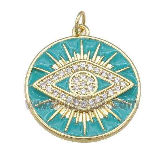 copper Circle Eye pendant paved zircon with teal enamel, gold plated