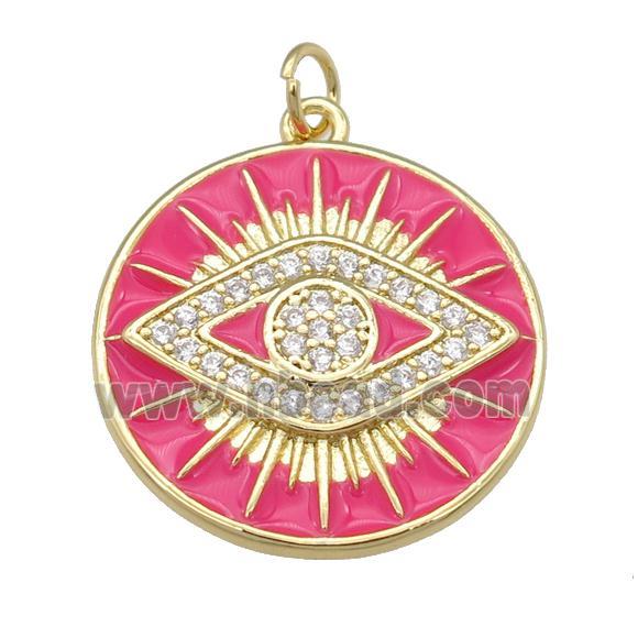 copper Circle Eye pendant paved zircon with hotpink enamel, gold plated