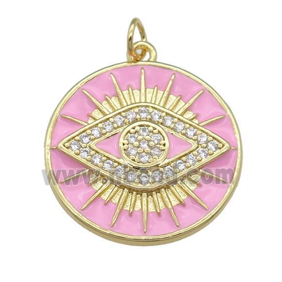 copper Circle Eye pendant paved zircon with pink enamel, gold plated