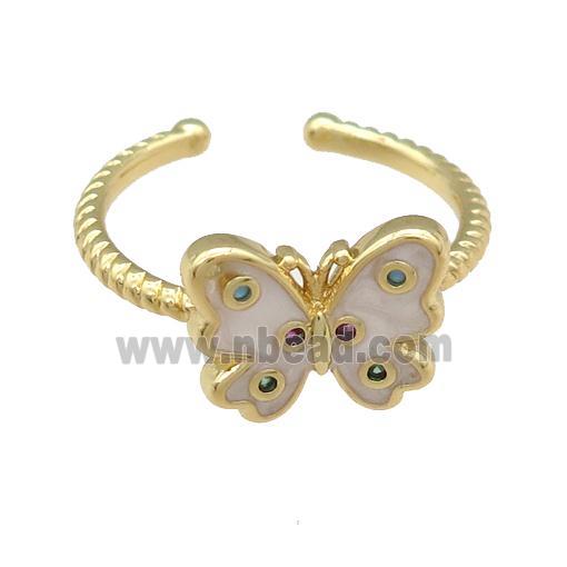 copper Butterfly Ring with white enamel, gold plated