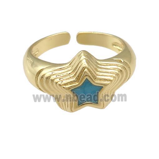 copper star Ring with teal enamel, gold plated