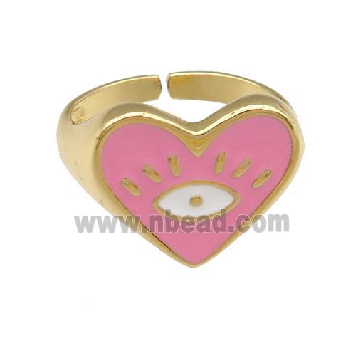 copper Ring with pink enamel heart, gold plated