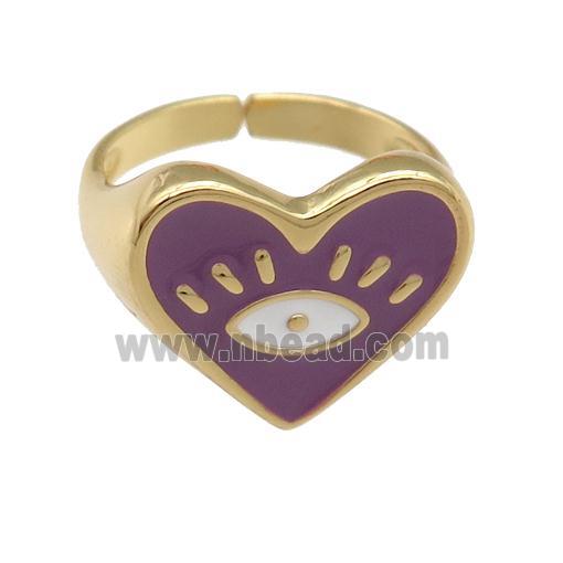 copper Ring with purple enamel heart, gold plated