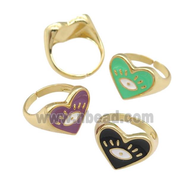 copper Ring with enamel heart, eye, gold plated, mixed