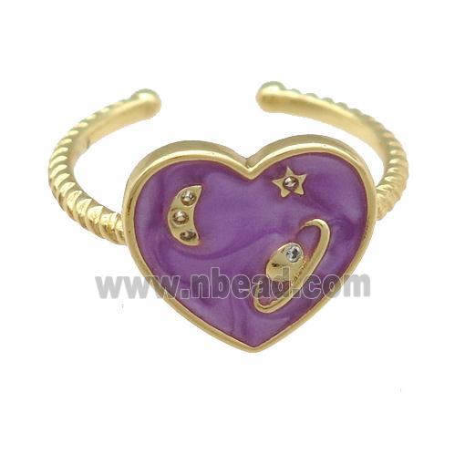 copper Ring with purple enamel heart, planet, gold plated