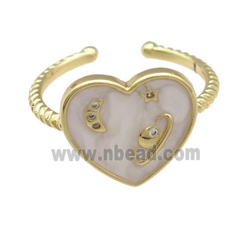 copper Ring with white enamel heart, planet, gold plated