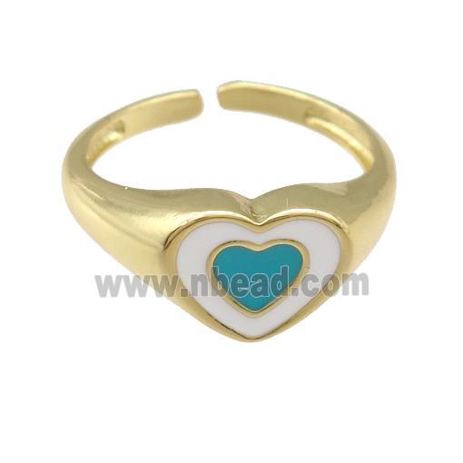 copper Ring with teal enamel heart, gold plated