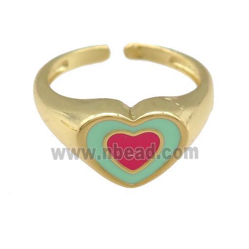 copper Ring with red enamel heart, gold plated