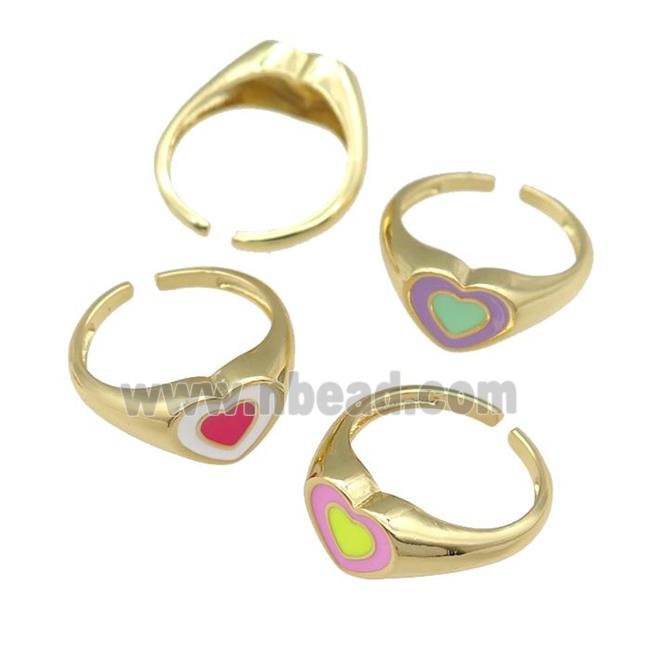 copper Ring with enamel heart, gold plated, mixed