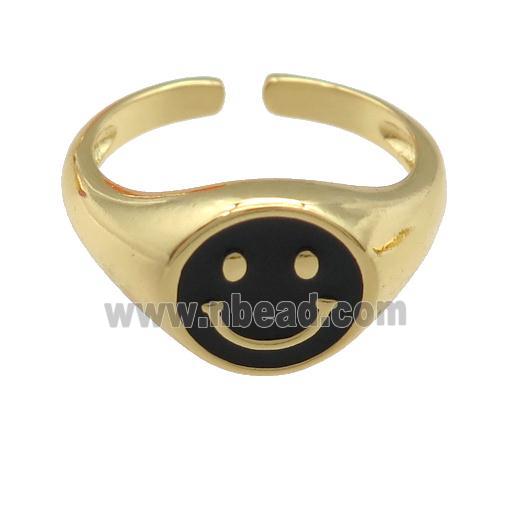 copper Ring with black enamel emoji, gold plated