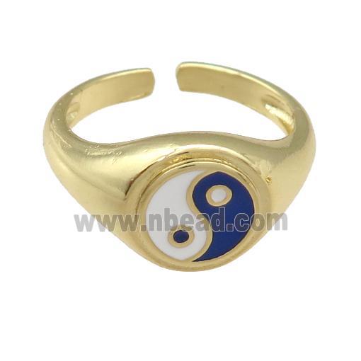 copper Ring with blue enamel taichi, gold plated