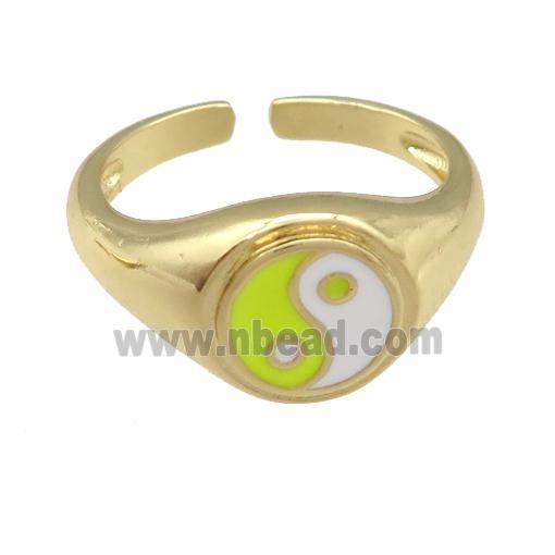 copper Ring with yellow enamel taichi, gold plated