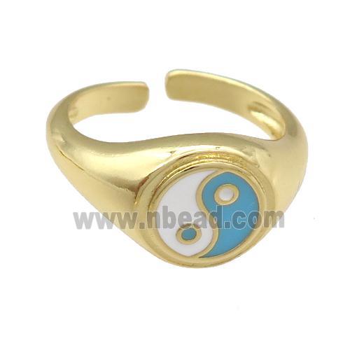 copper Ring with lt.blue enamel taichi, gold plated
