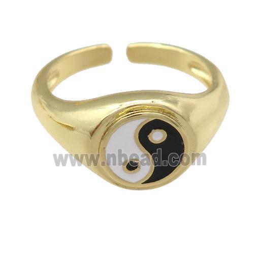 copper Ring with black enamel taichi, yinyang, gold plated