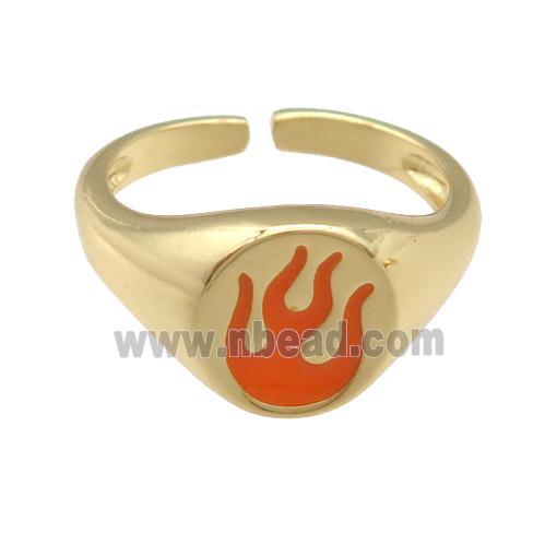 copper Ring with orange enamel Fire Flame, gold plated