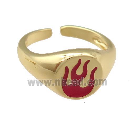 copper Ring with red enamel Fire Flame, gold plated