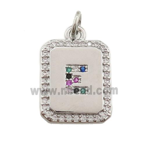 copper Letter-E pendant paved zircon, rectangle, platinum plated