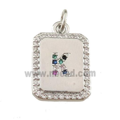 copper Letter-K pendant paved zircon, rectangle, platinum plated