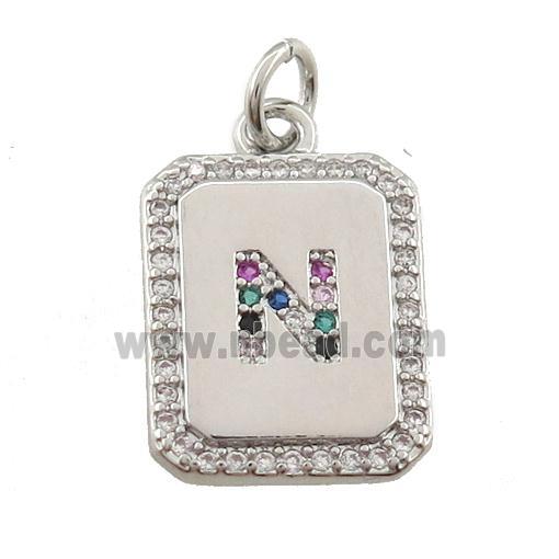 copper Letter-N pendant paved zircon, rectangle, platinum plated