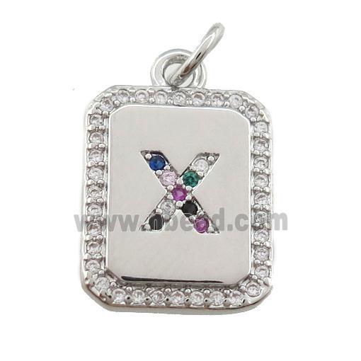 copper Letter-X pendant paved zircon, rectangle, platinum plated