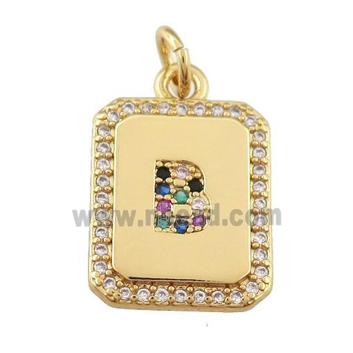 copper Letter-B pendant paved zircon, rectangle, gold plated