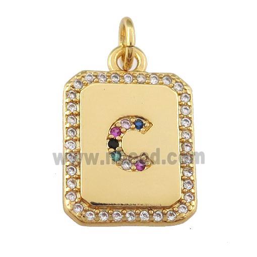 copper Letter-C pendant paved zircon, rectangle, gold plated