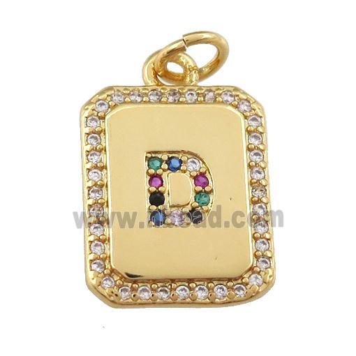 copper Letter-D pendant paved zircon, rectangle, gold plated