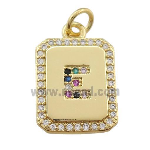 copper Letter-E pendant paved zircon, rectangle, gold plated