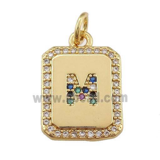 copper Letter-M pendant paved zircon, rectangle, gold plated