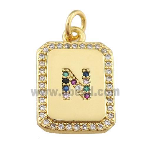 copper Letter-N pendant paved zircon, rectangle, gold plated