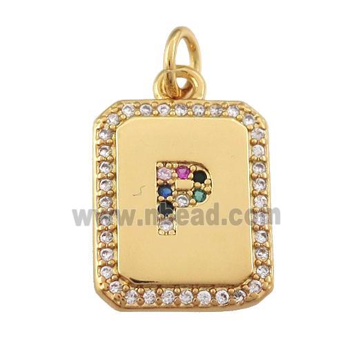 copper Letter-P pendant paved zircon, rectangle, gold plated