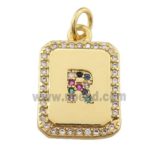 copper Letter-R pendant paved zircon, rectangle, gold plated