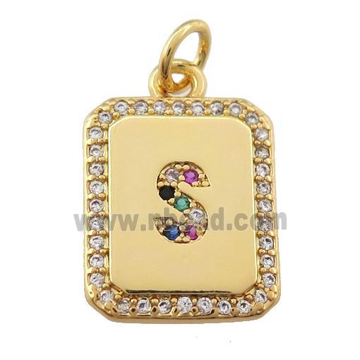 copper Letter-S pendant paved zircon, rectangle, gold plated