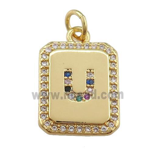 copper Letter-U pendant paved zircon, rectangle, gold plated