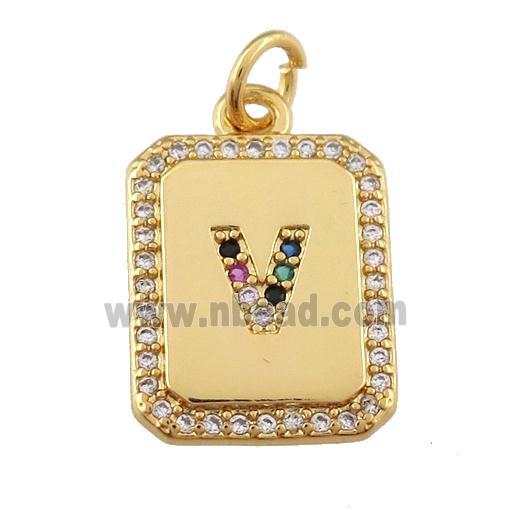 copper Letter-V pendant paved zircon, rectangle, gold plated